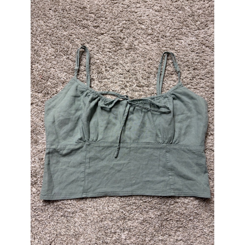 John Galt Shanghai Sage Green Linen Blend Smocked Tie Front Crop Cami Top Small